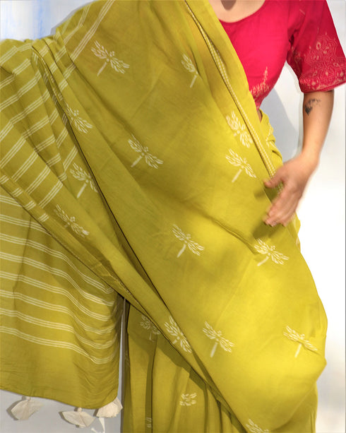 Melody Of Parrots Hand Block Printed Cotton Saree